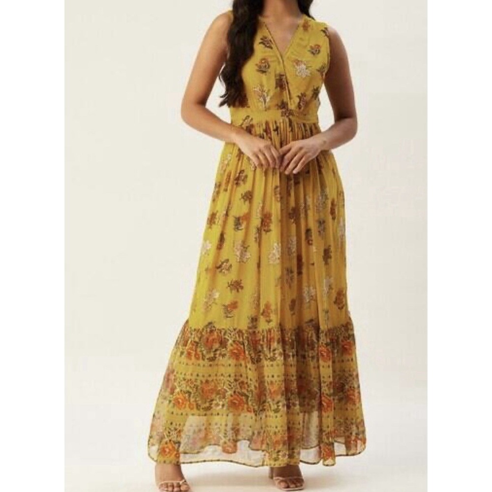Label Ritu Kumar Yellow Floral Florence Maxi Dress Size Small Boho Cottagecore
